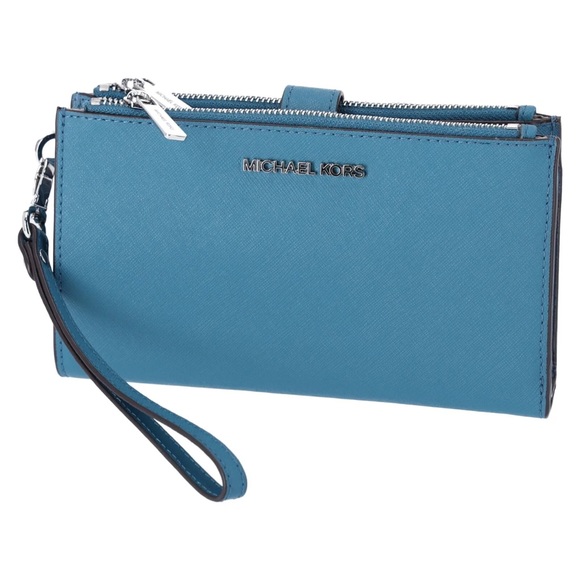 Michael Kors Jet Set Travel Large Double Zip Wristlet Phone Wallet Teal Blue - Picture 3 of 7